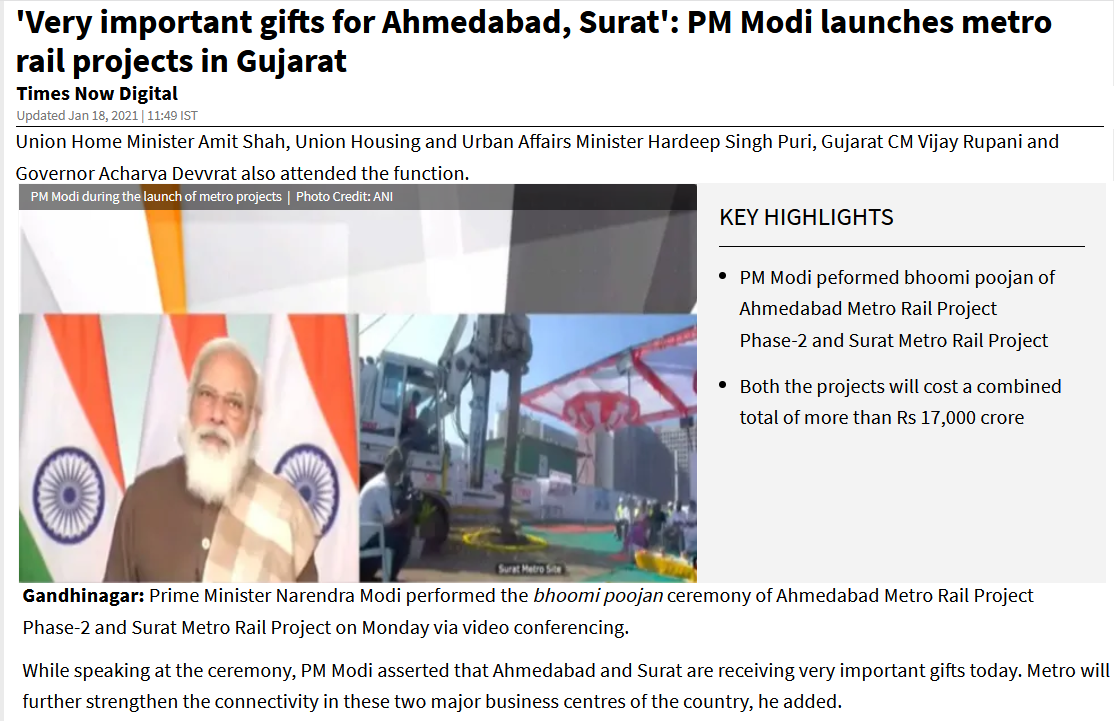 Prime Minister launches Surat Metro Project in the state of Gujrat