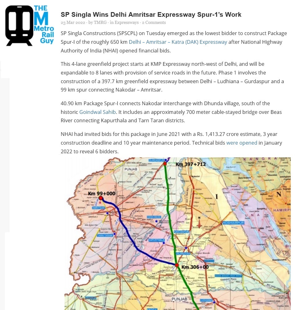 SPSCPL Wins Delhi Amritsar Expressway Spur-1’s Work