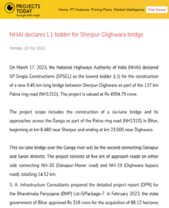 SPSCPL declared as the lowest bidder (L1) for the construction of a new 9.45 km long bridge between Sherpur-Dighwara, Patna